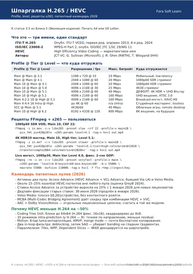 Первая страница материала «HEVC / H.265: шпаргалка по патентам и кодированию»