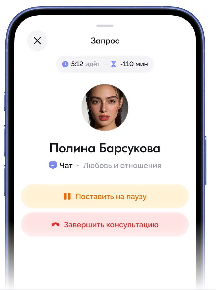 Экран запроса: таймер консультации, эксперт, кнопки «Поставить на паузу» и «Завершить консультацию»
